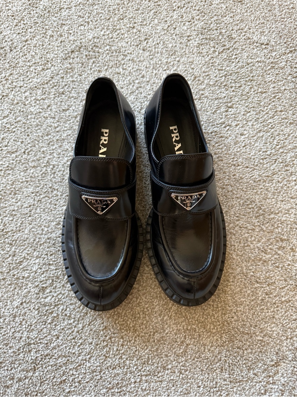 Prada Black Leather Logo Penny Loafers